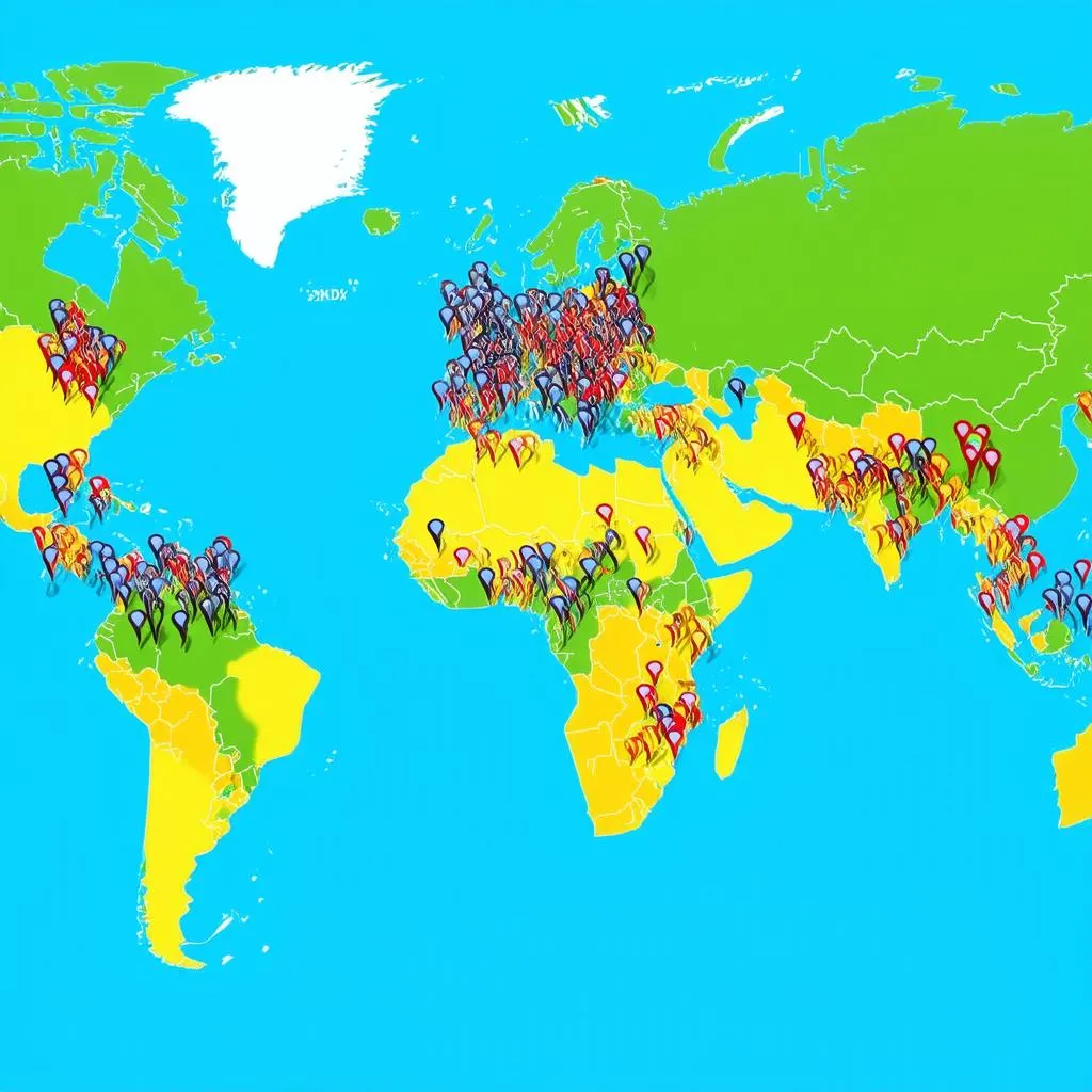 World map with destination pins 